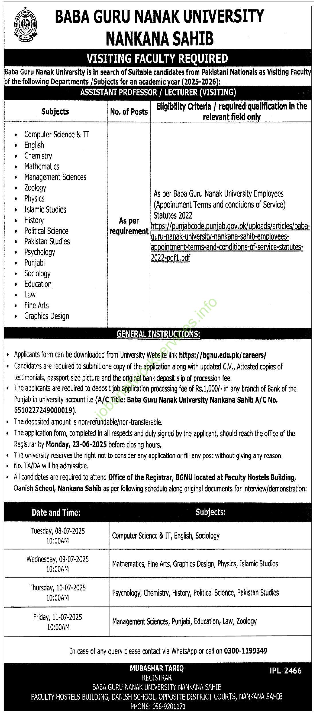 Baba Guru Nanak University Nankana Sahib Jobs 2025