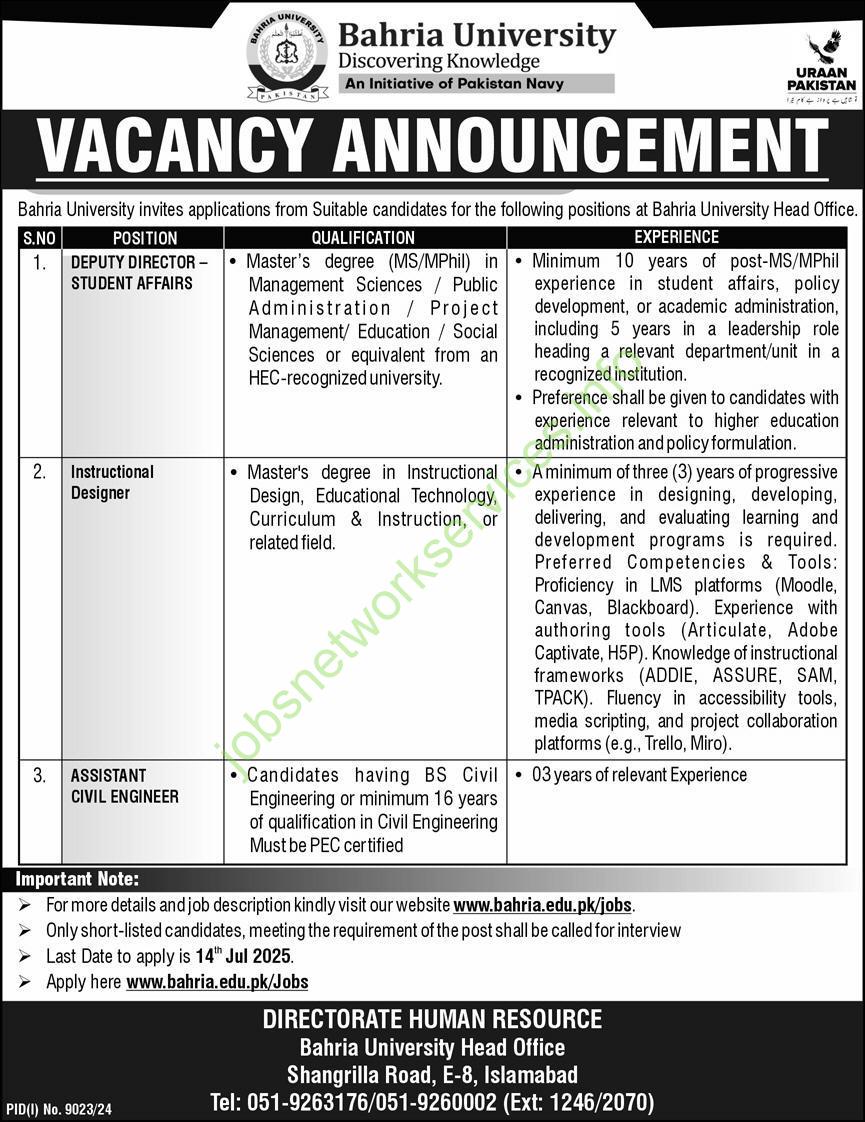 Bahria University Regular Faculty Jobs 2025