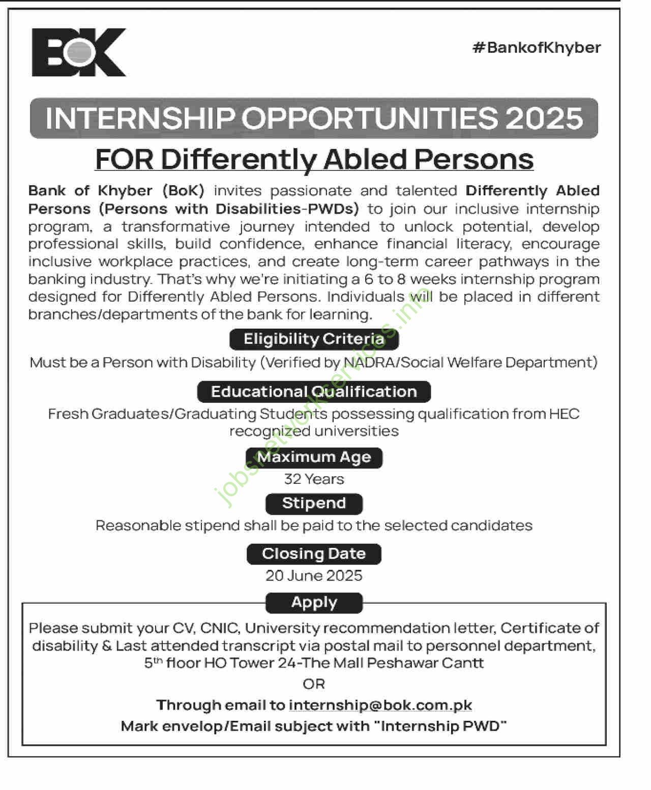 Bank of Khyber Internship Opportunities 2025
