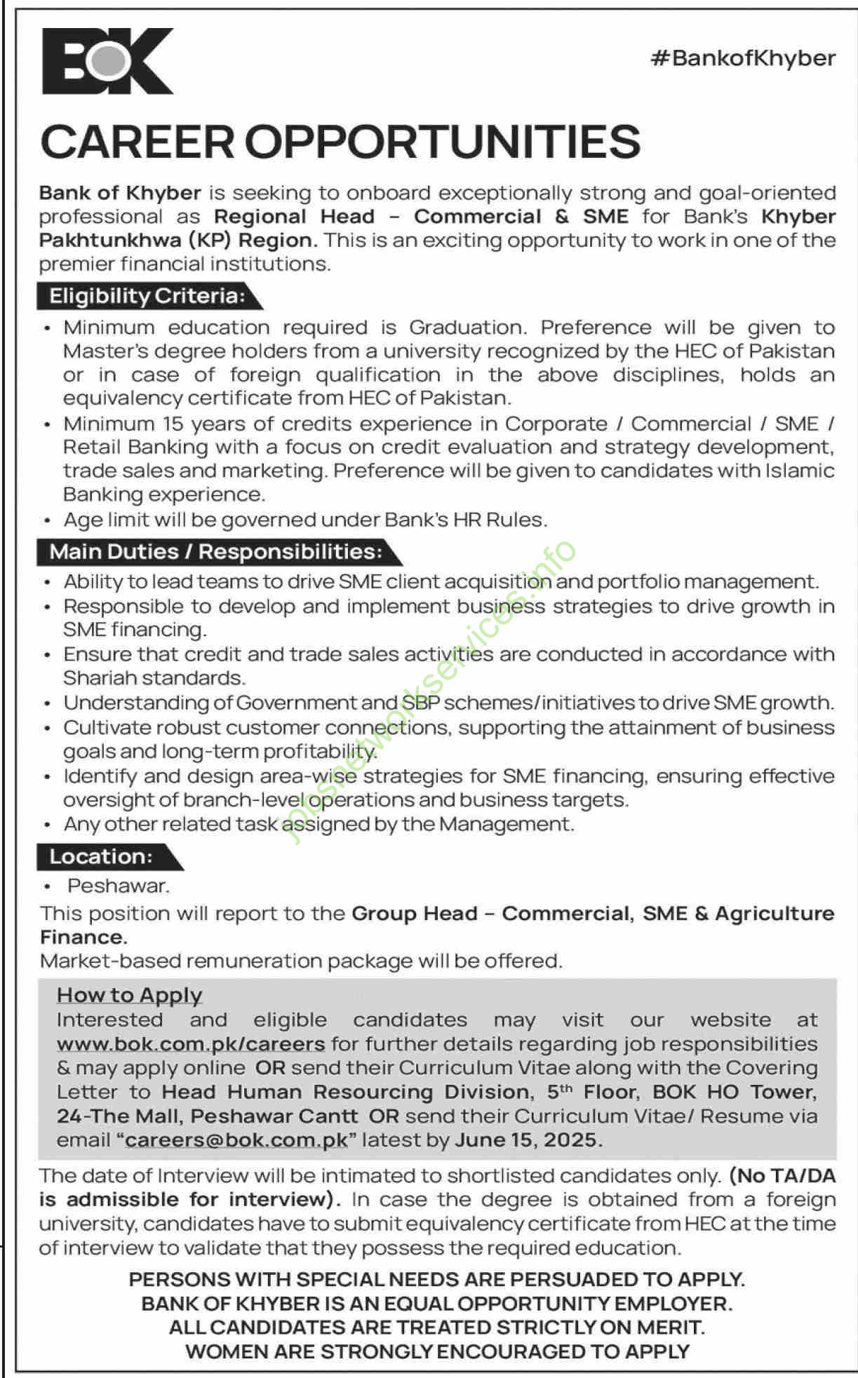 Bank of Khyber KP Region Jobs 2025