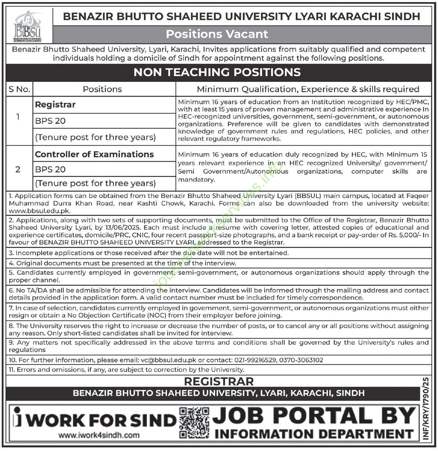 Benazir Bhutto Shaheed University Lyari Karachi Sindh Jobs 2025
