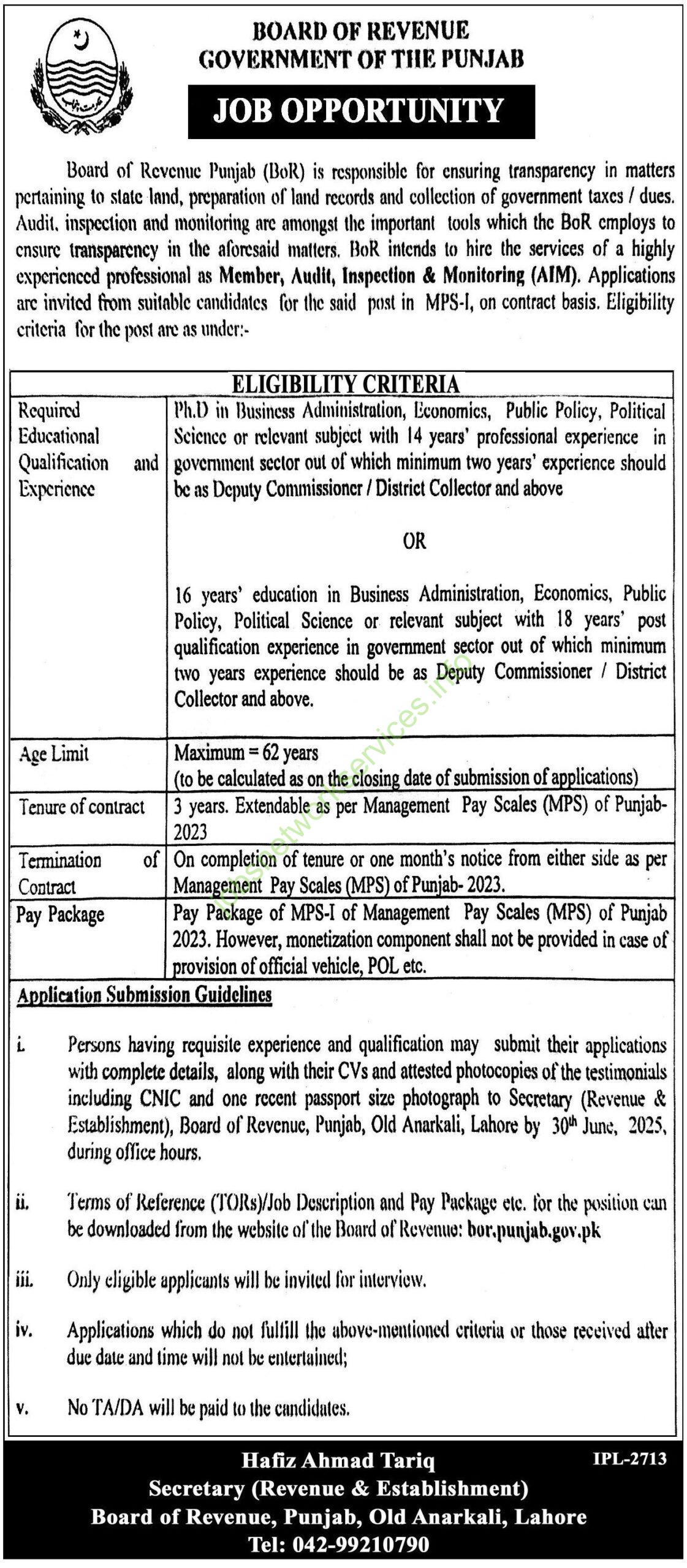 Board of Revenue Punjab BOR Jobs 2025