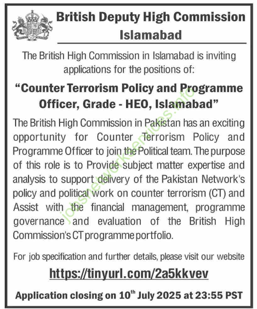 British Deputy High Commission Islamabad Jobs 2025