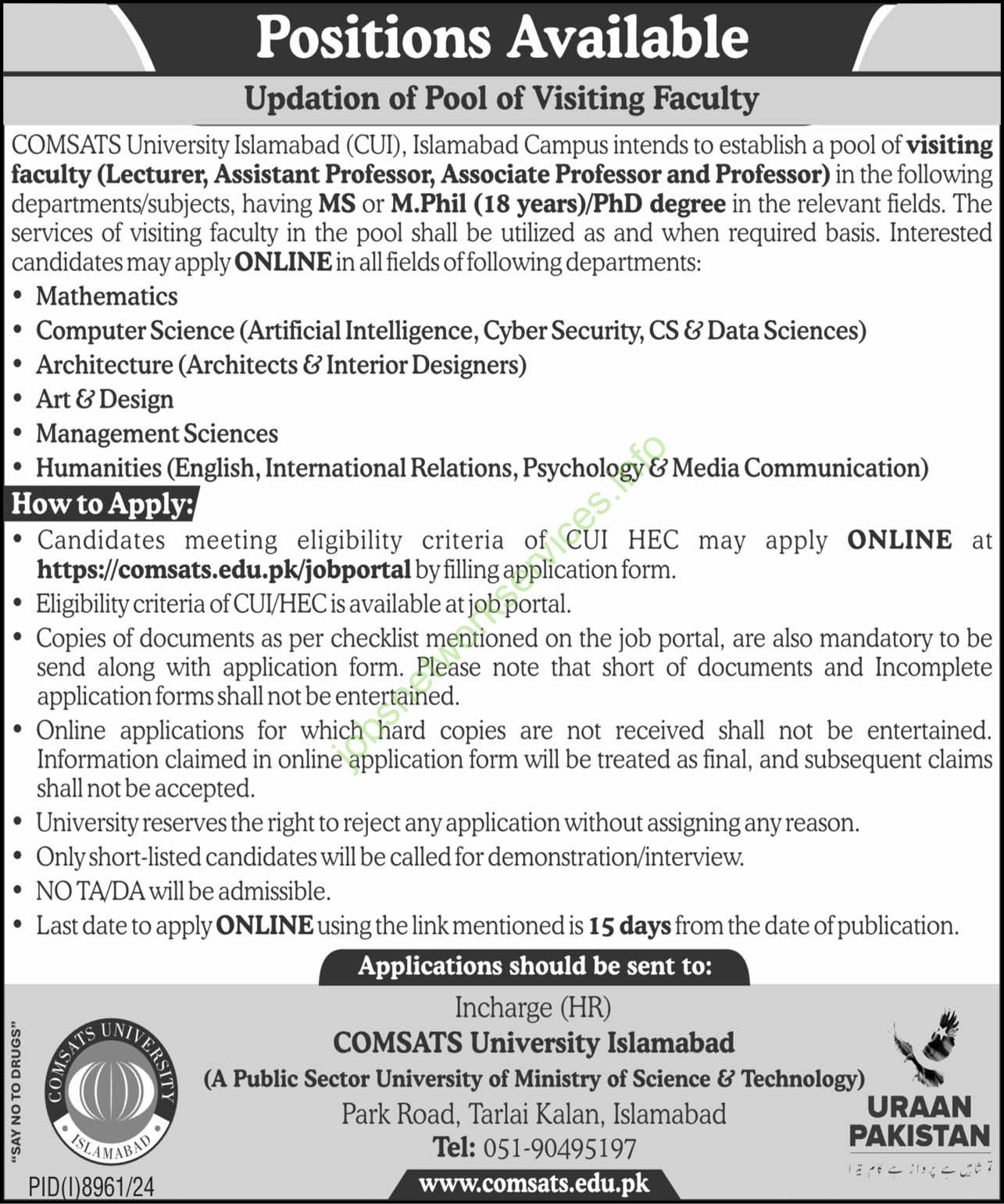 COMSATS University Islamabad CUI Islamabad Jobs 2025