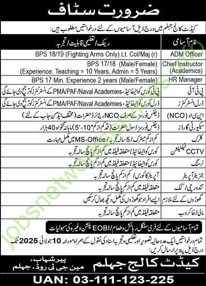 Cadet College Jhelum New Jobs 2025