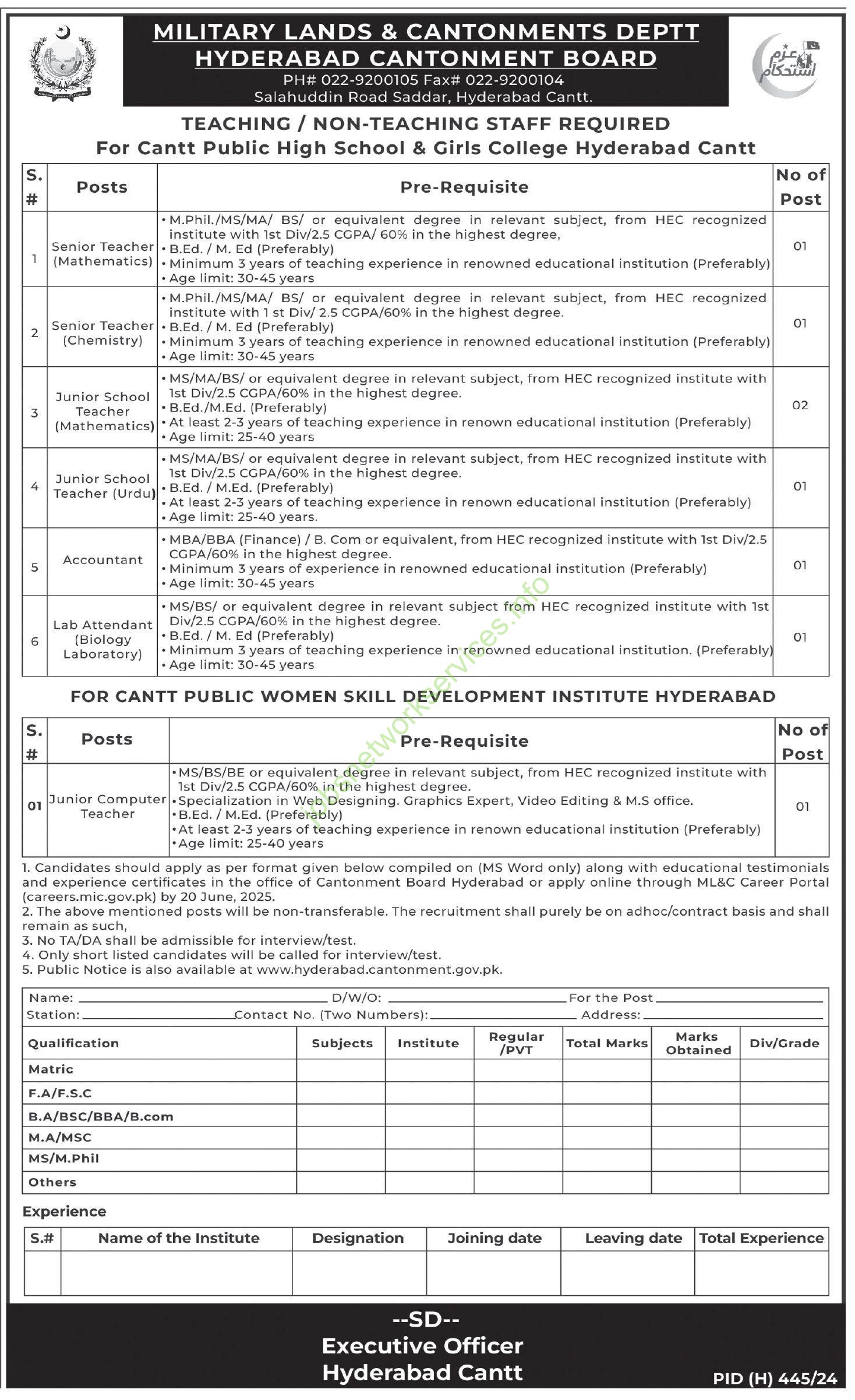 Cantt Public High School & Girls College Hyderabad Jobs 2025