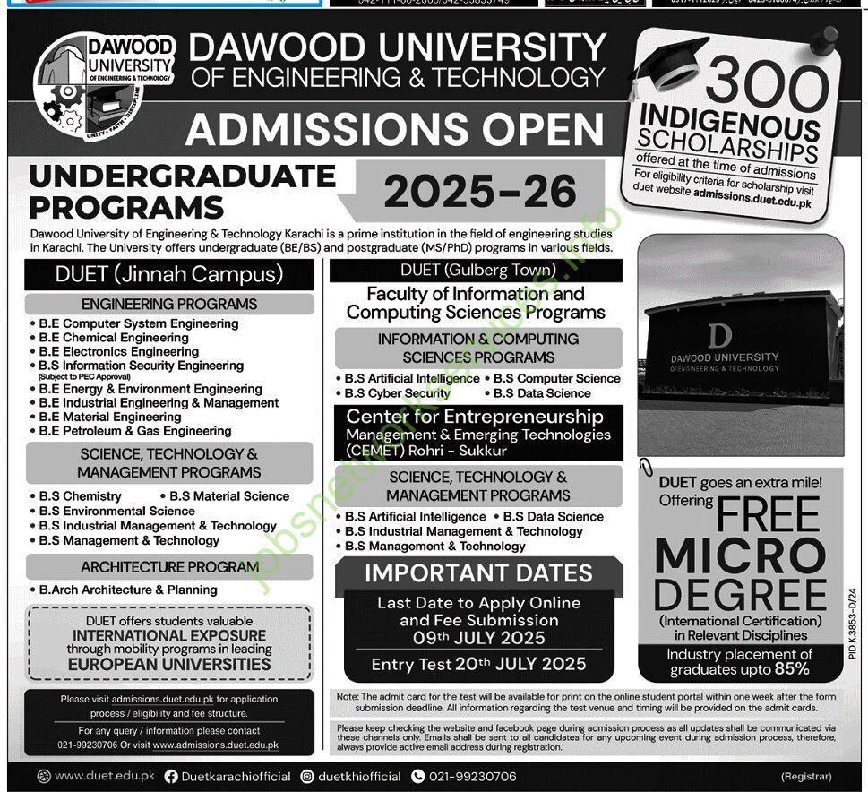 Dawood University of Engineering and Technology Admission Open Jobs 2025