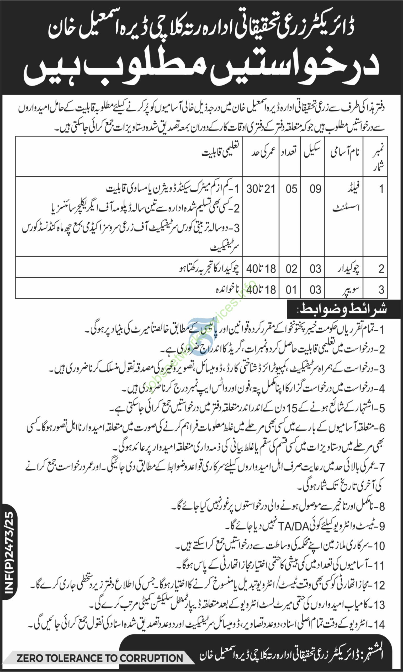 Directorate of Agriculture Research Institute DI Khan Jobs 2025