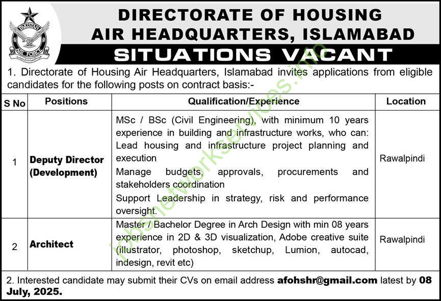Directorate of Housing Air Headquarters Islamabad Jobs 2025