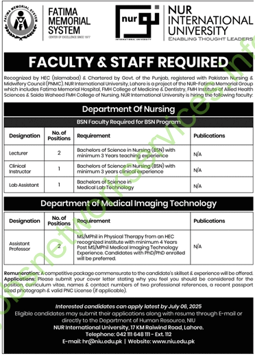 Fatima Memorial System – Faculty & Staff Recruitment (2025)