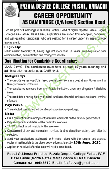 Fazaia Degree College Faisal Karachi New Jobs 2025