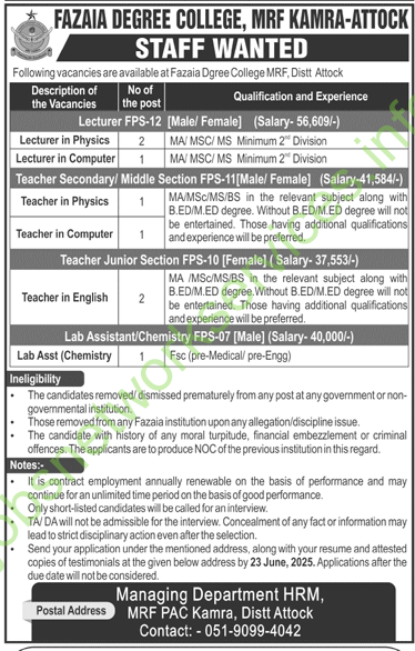 Fazaia Degree College MRF Kamra Attock Jobs 2025