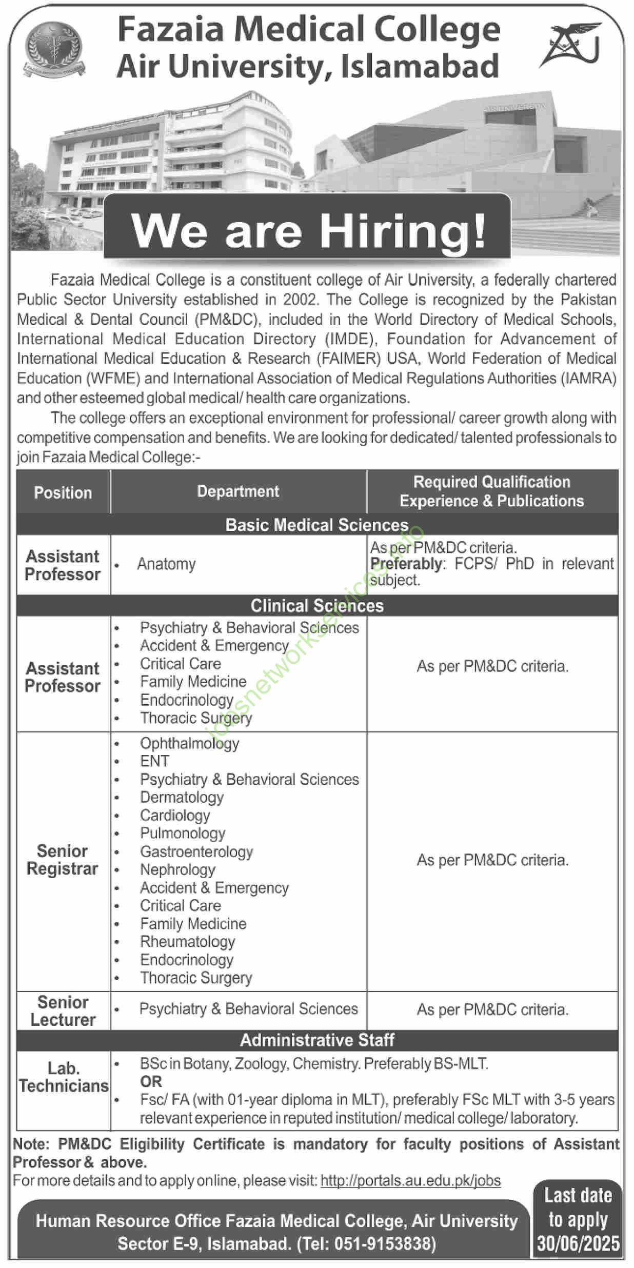 Fazaia Medical College Air University Islamabad New Jobs 2025