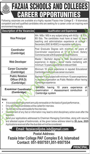 Fazaia Schools and College Islamabad Jobs 2025