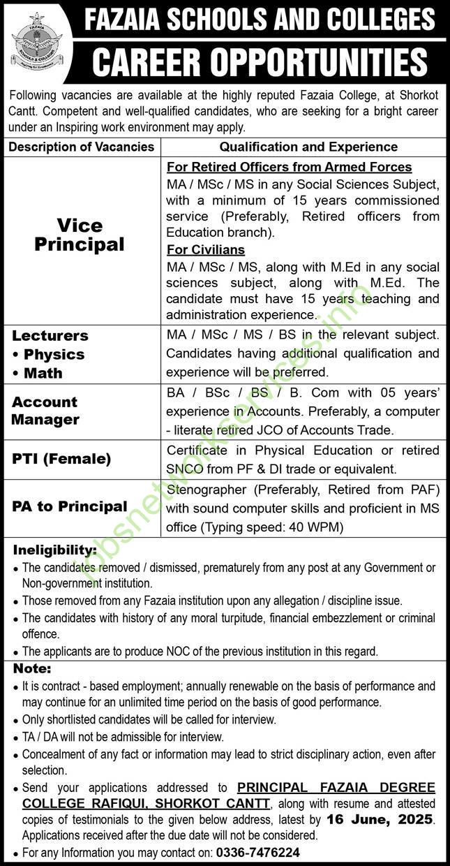 Fazaia Schools and College Jobs 2025