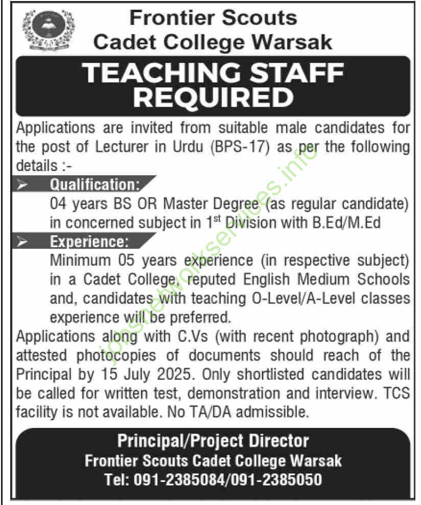 Frontier Scouts Cadet College Warsak Jobs 2025