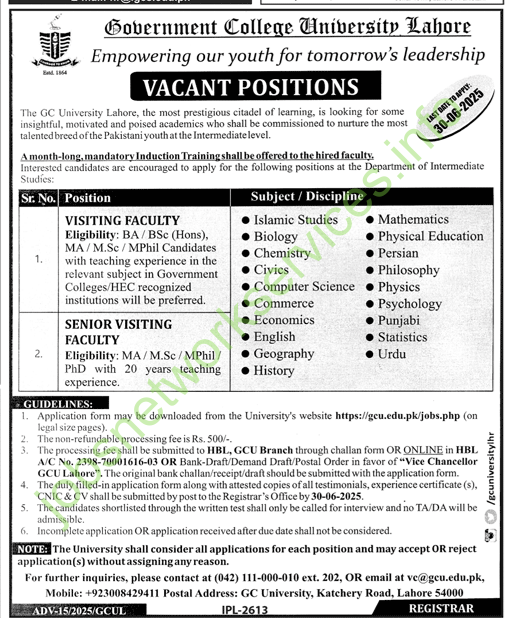 Government College GC University Lahore Jobs 2025
