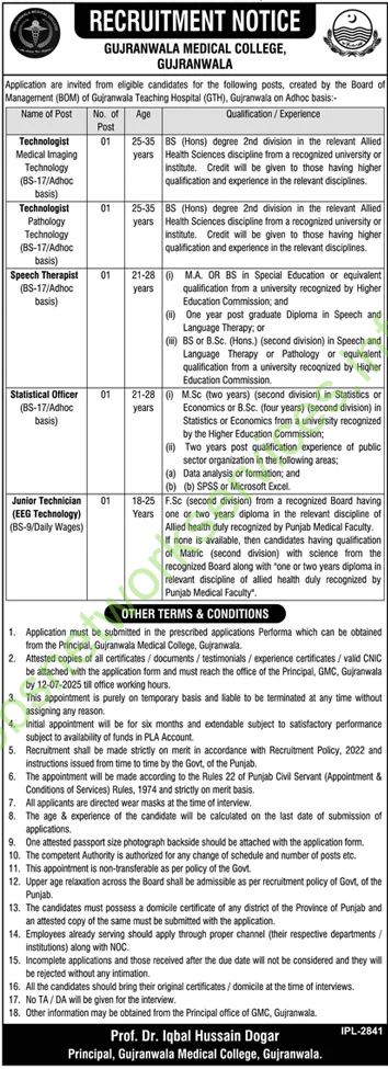 Gujranwala Medical College Gujranwala Jobs 2025