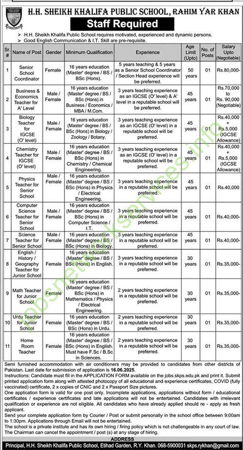 H.H. Sheikh Khalifa Public School Rahim Yar Khan Jobs 2025