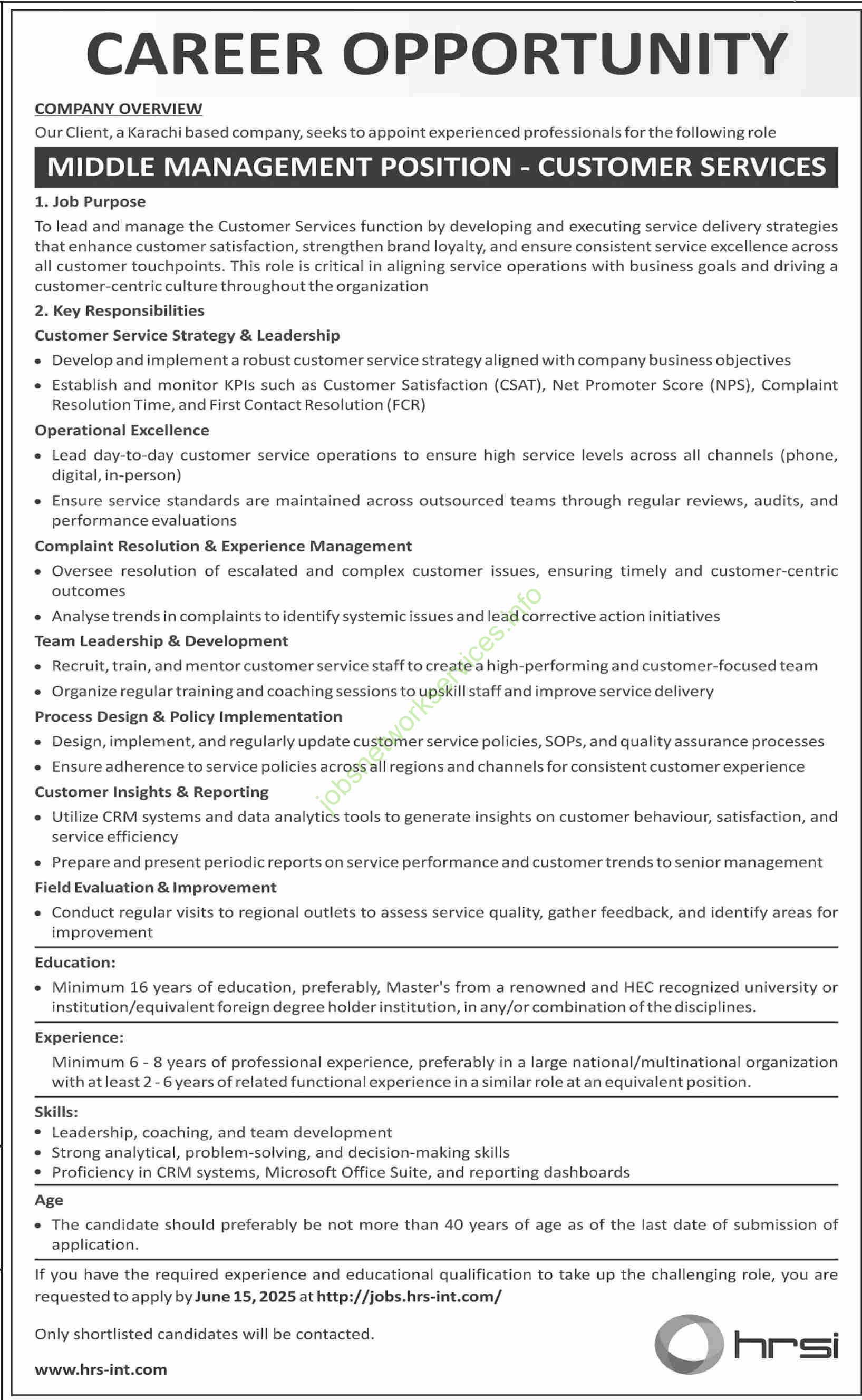 HRSI Middle Management Position Jobs 2025