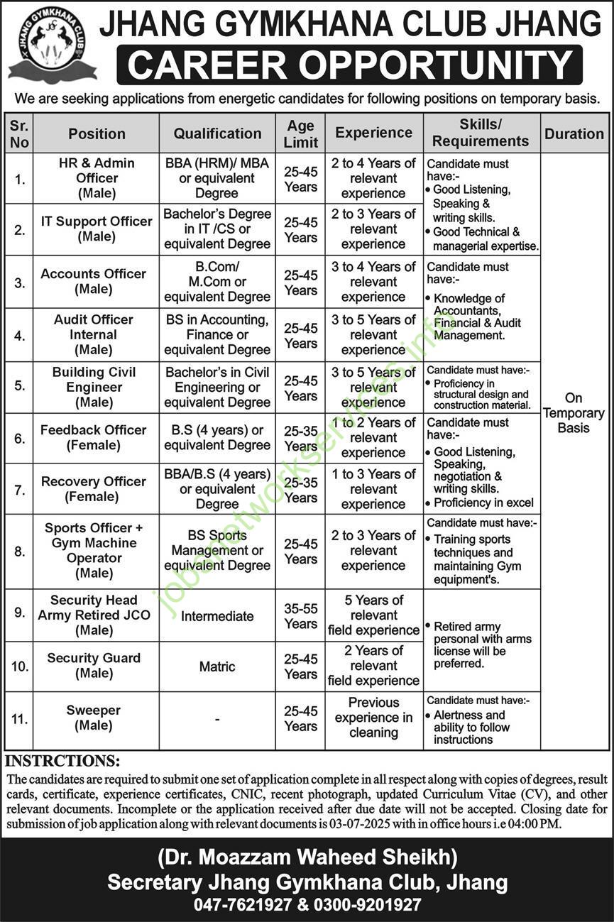Jhang GYMKHANA Club Jhang Jobs 2025