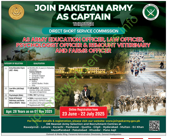 Join Pakistan Army New Jobs 2025 As Captain Online Registration 23th June to 22nd July 2025