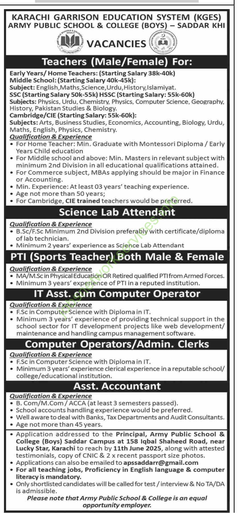 Karachi Garrison Education System KGES Jobs 2025