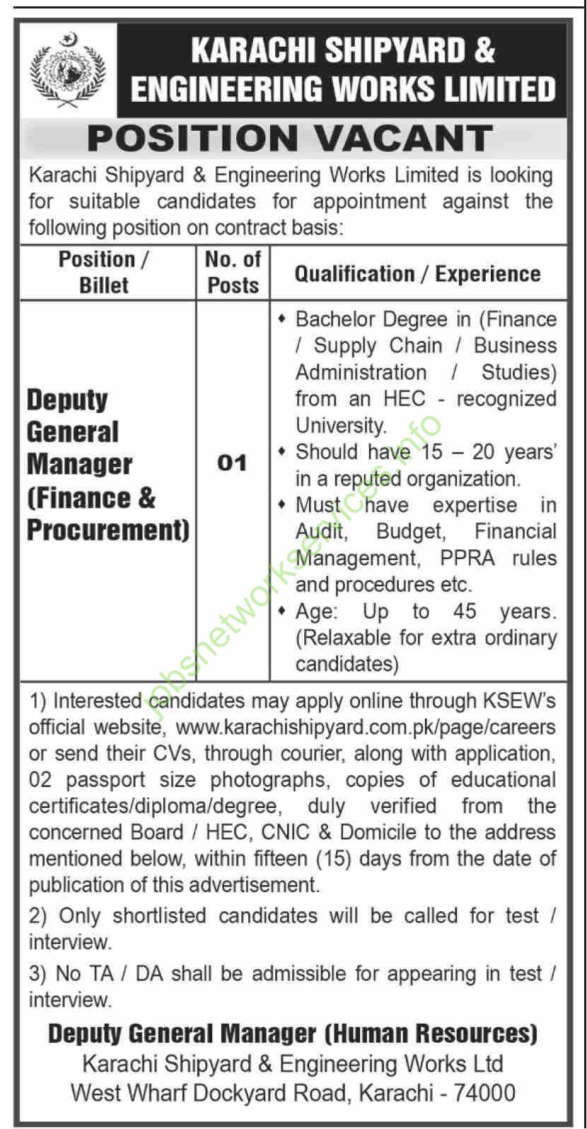 Karachi Shipyard & Engineering Works Limited (KSEW) – Job Vacancy 2025