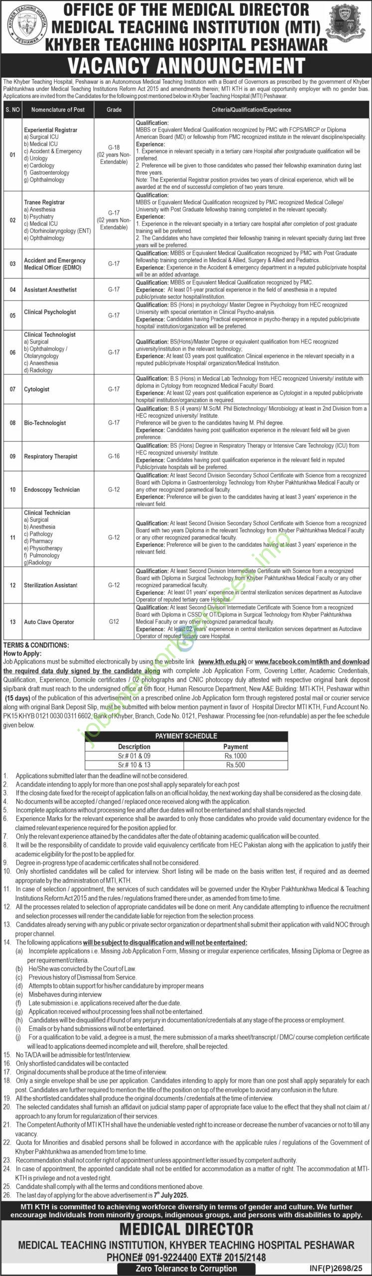 Khyber Teaching Hospital Peshawar New Jobs 2025 Latest KTH Jobs
