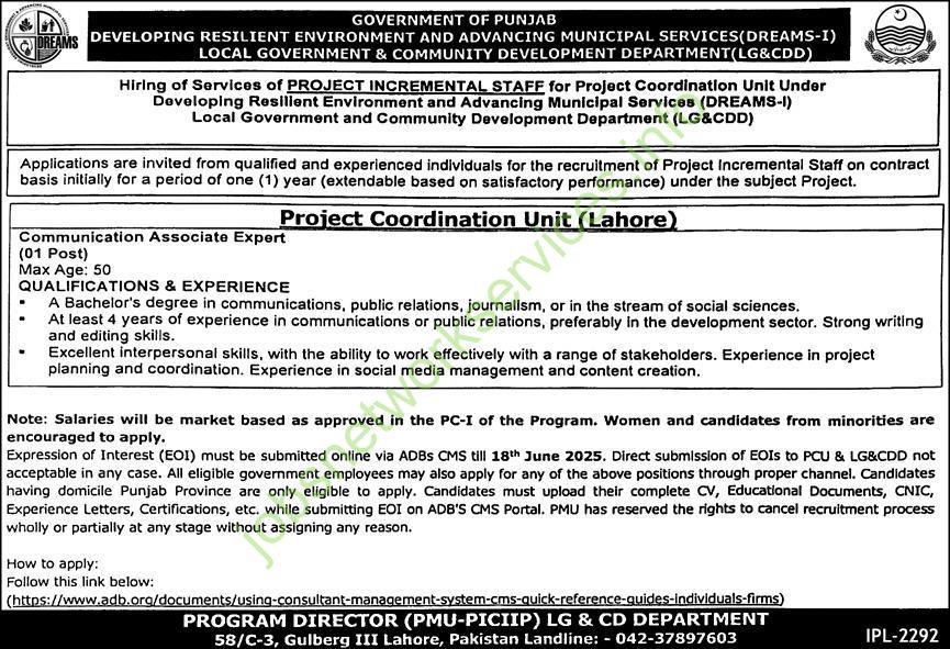 LG & CDD Project Coordination Unit Lahore Jobs 2025