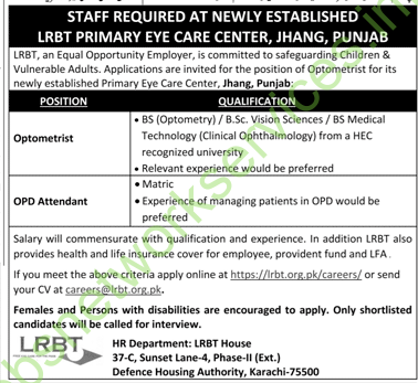 LRBT Primary Eye Care Center Jhang Punjab Jobs 2025