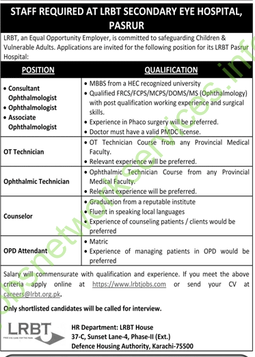 LRBT Secondary Eye Hospital Pasrur Jobs 2025