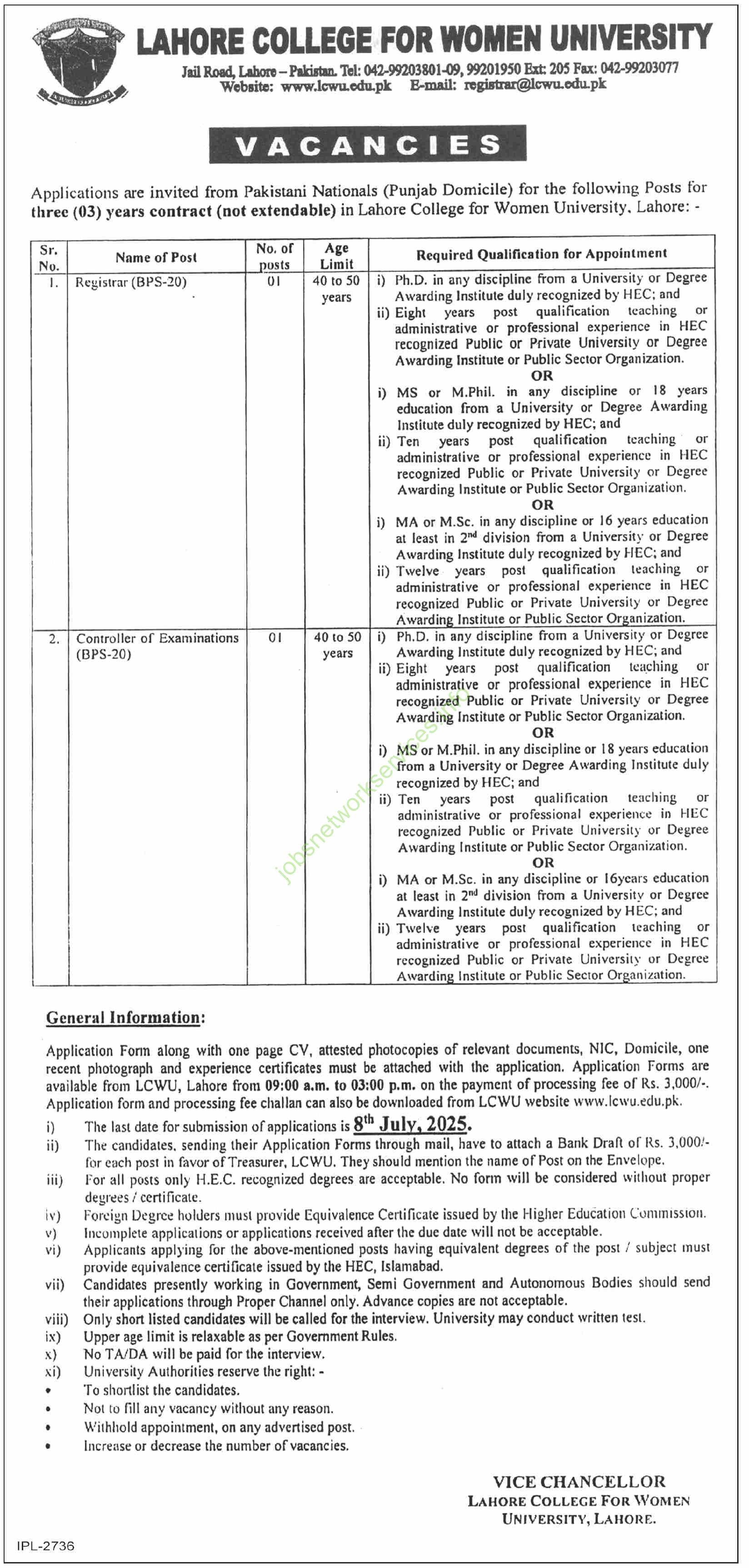 Lahore College for Women University Jobs 2025