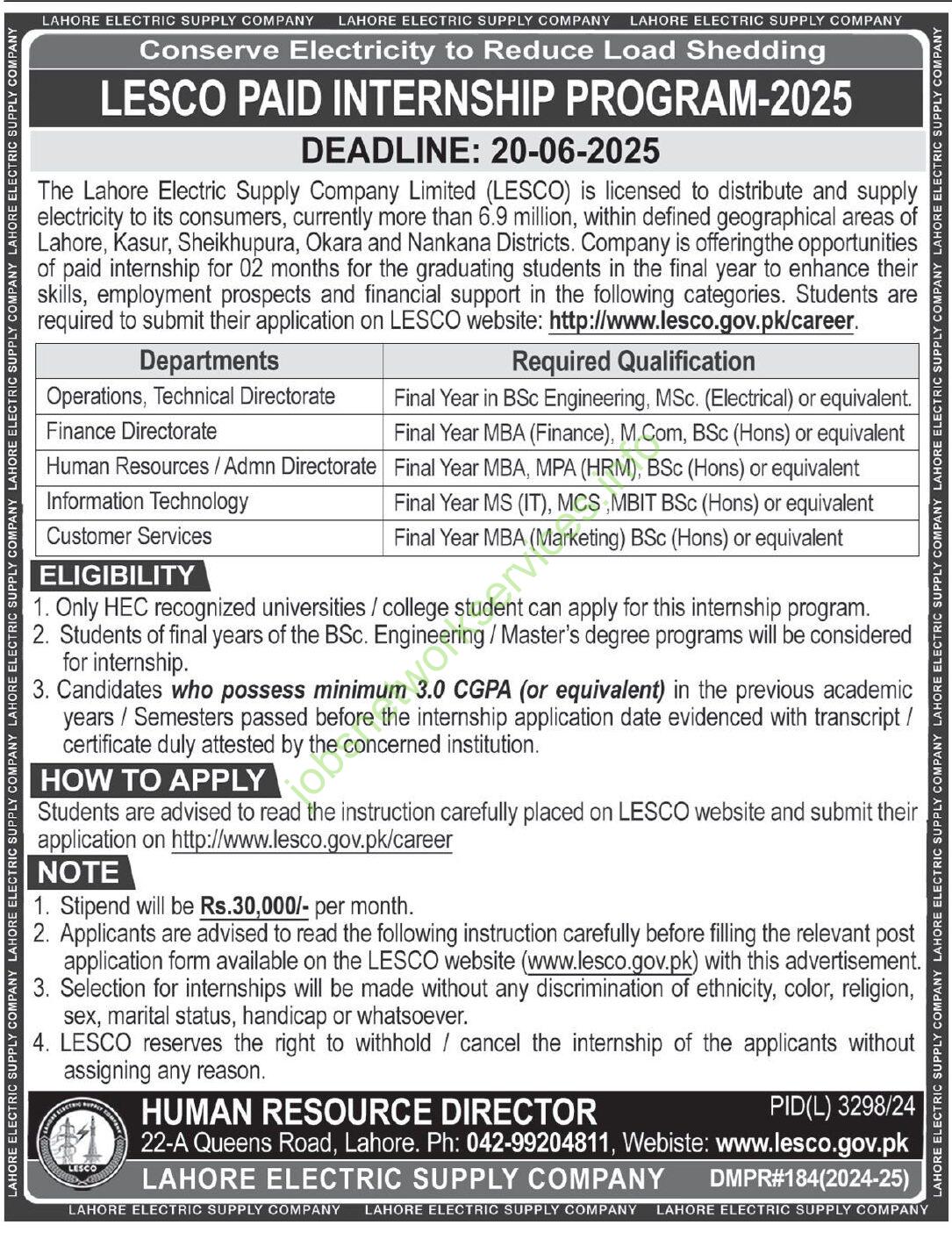Lahore Electric Supply Company Limited LESCO Internship 2025