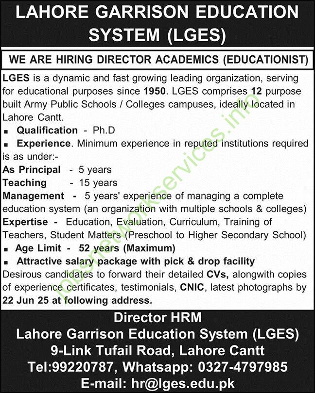 Lahore Garrison Education System LGES Jobs 2025