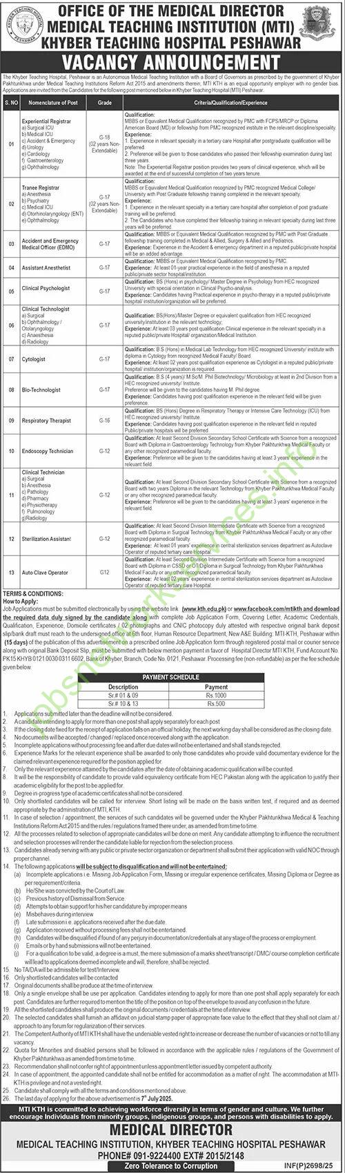 MTI/KTH Peshawar Jobs 2025 Latest