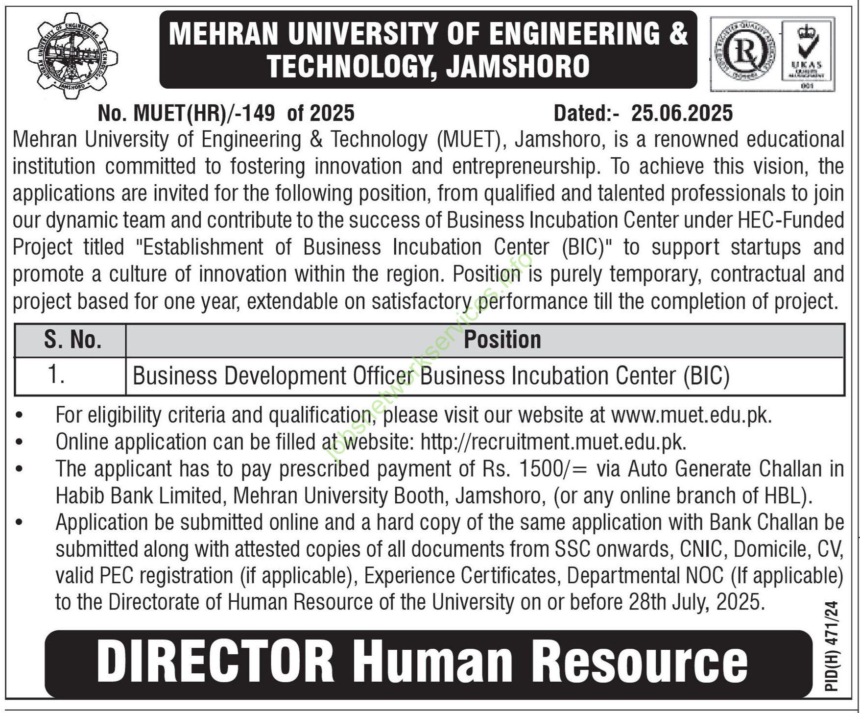 Mehran University of Engineering & Technology MUET Jamshoro Sindh Jobs 2025