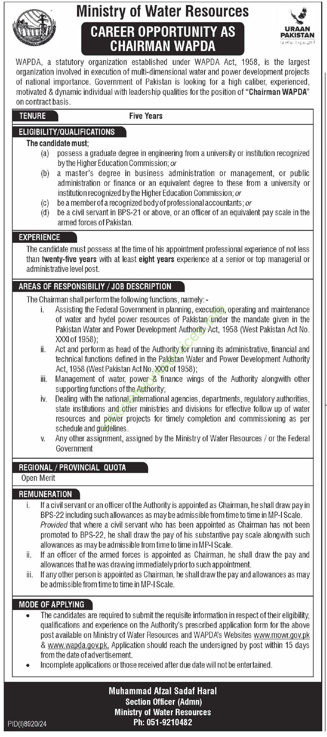 Ministry of Water Resources Islamabad Jobs 2025 Latest Wapda Jobs