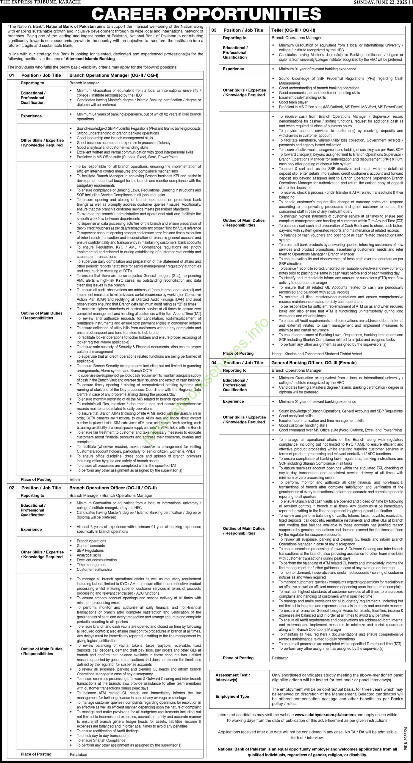 NBP General Banking Officer Jobs 2025 for Teller, Branch Operation Officer, Branch Operation Managers