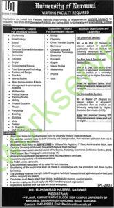 University of Narowal Visiting Faculty Required 2025 Apply Online