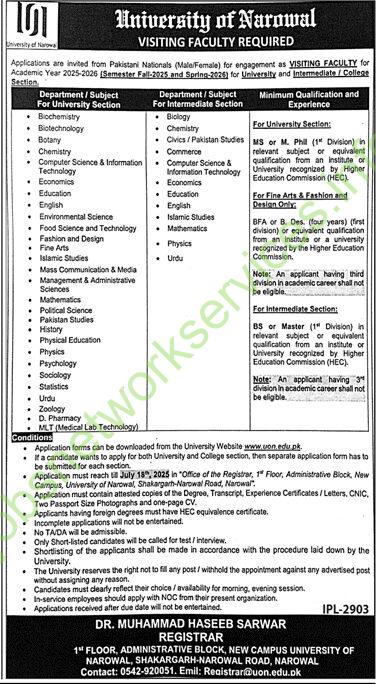 University of Narowal Visiting Faculty Required 2025 Apply Online