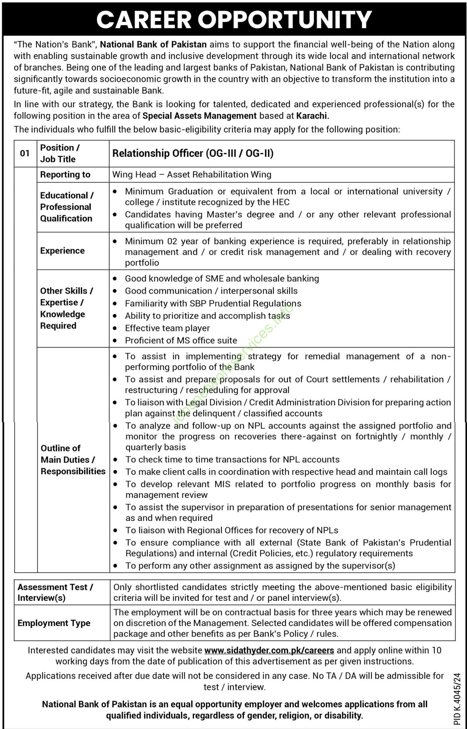 National Bank of Pakistan Relationship Officer Jobs 2025