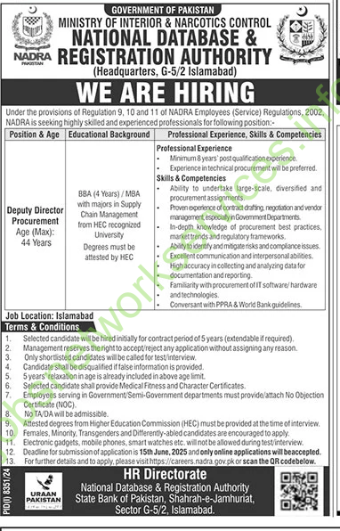 National Database and Registration Authority NADRA Jobs 2025