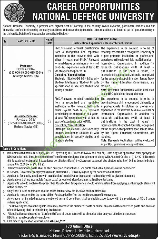 National Defence University NDU Jobs 2025