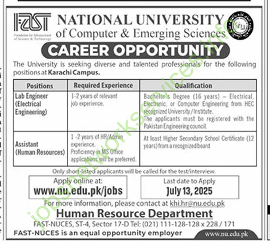 National University of Computer & Emerging Sciences Karachi Jobs 2025