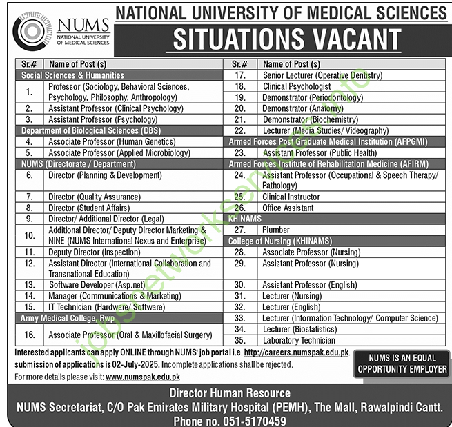 National University of Medical Sciences NUMS Jobs 2025