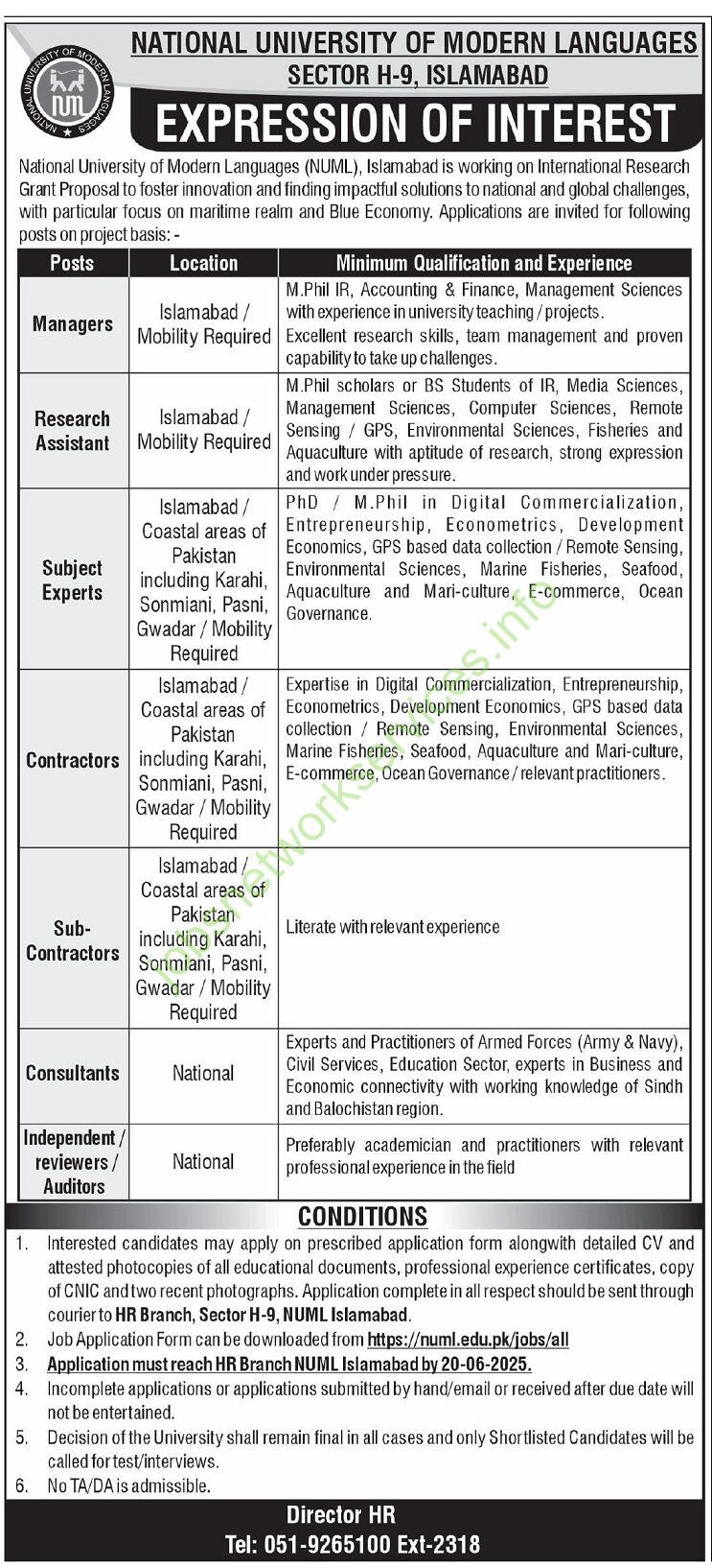 National University of Modern Languages NUML Islamabad Jobs 2025