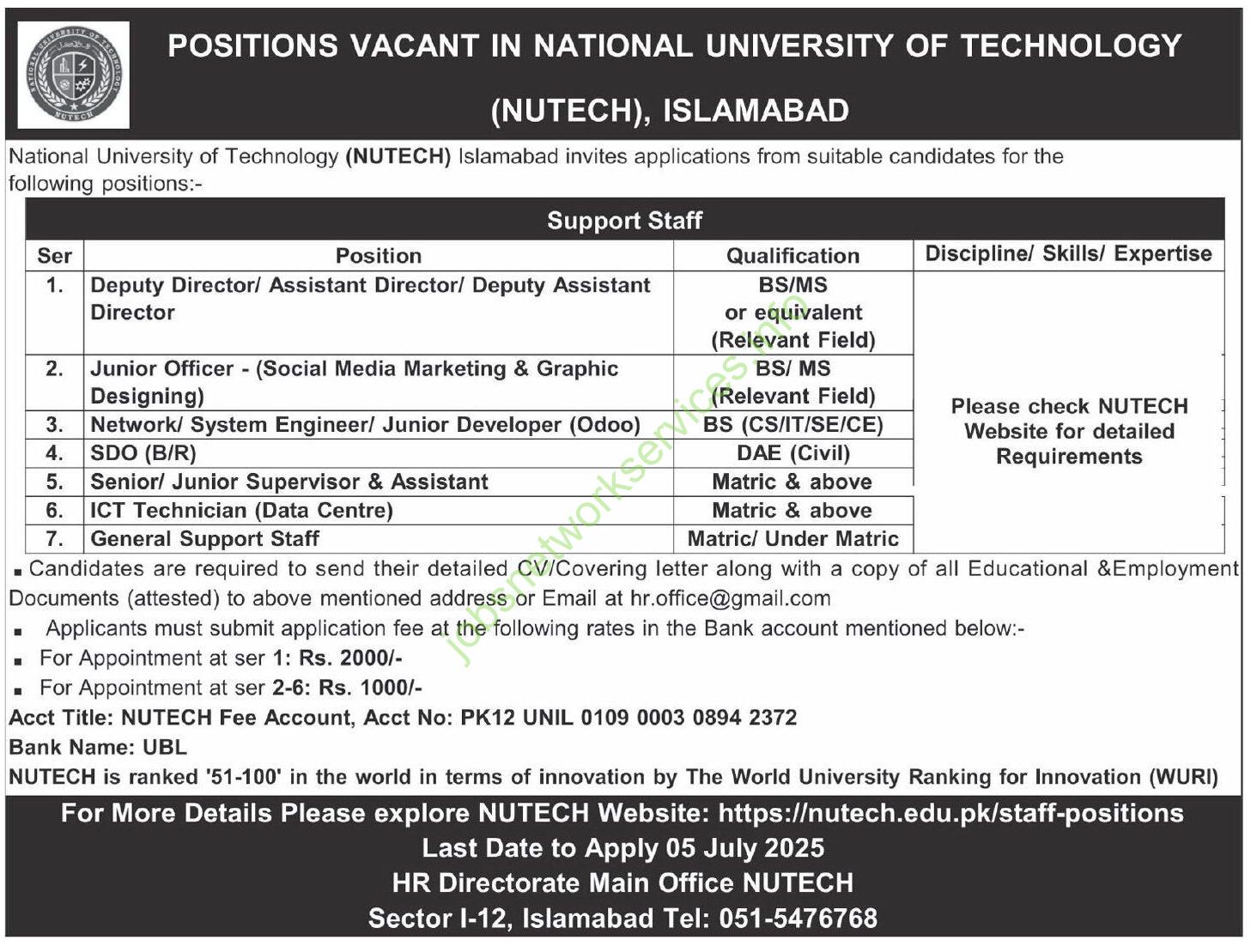 National University of Technology NUTECH Islamabad Jobs 2025