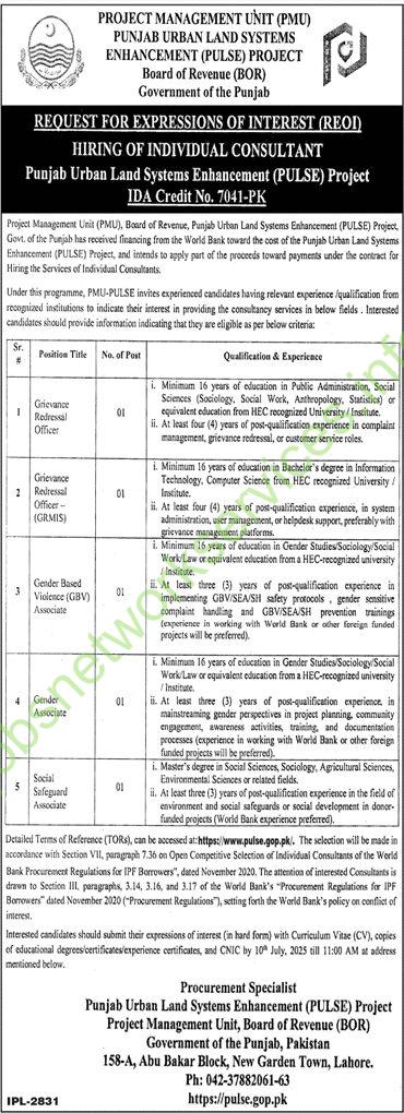 Punjab Urban Land Systems Enhancement (PULSE) Project job openings (2025)