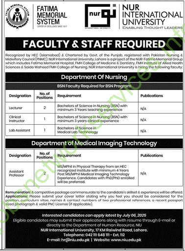 Nur International University Jobs 2025